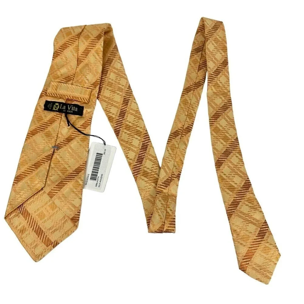 La Vita DiModa Tie Mens Beige Bronze Geo Stripe 100% Silk Necktie Jacquard Italy